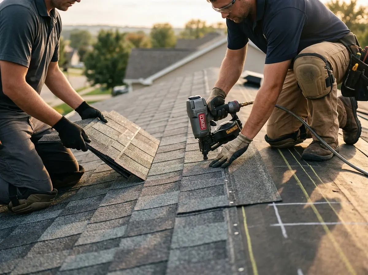 Professional roofer working on a residential roof in Sandy Oaks